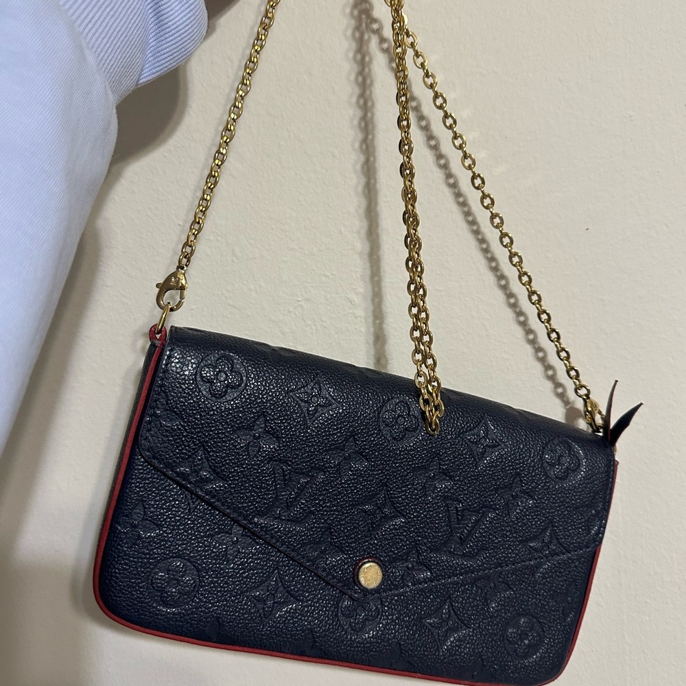 Louis Vuitton Black Embossed Clutch with Gold Chain